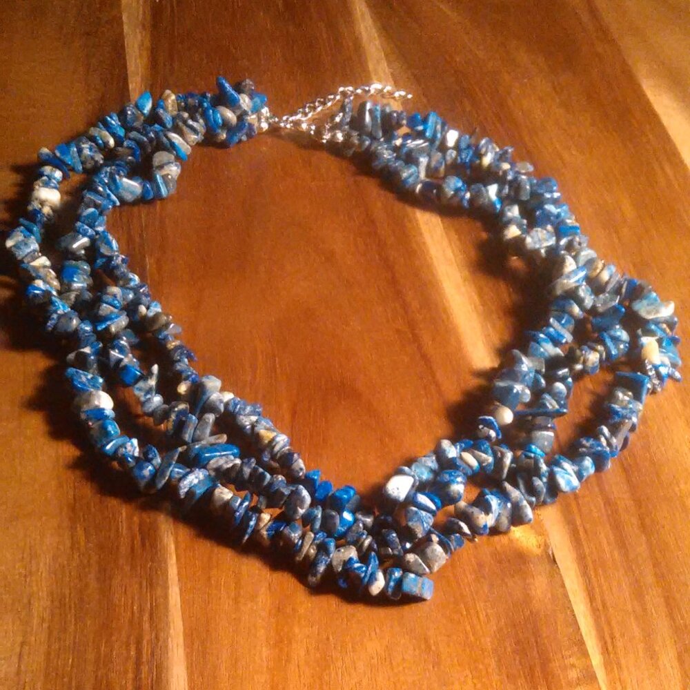 Lapis Lazuli Three Row Silvertone Necklace